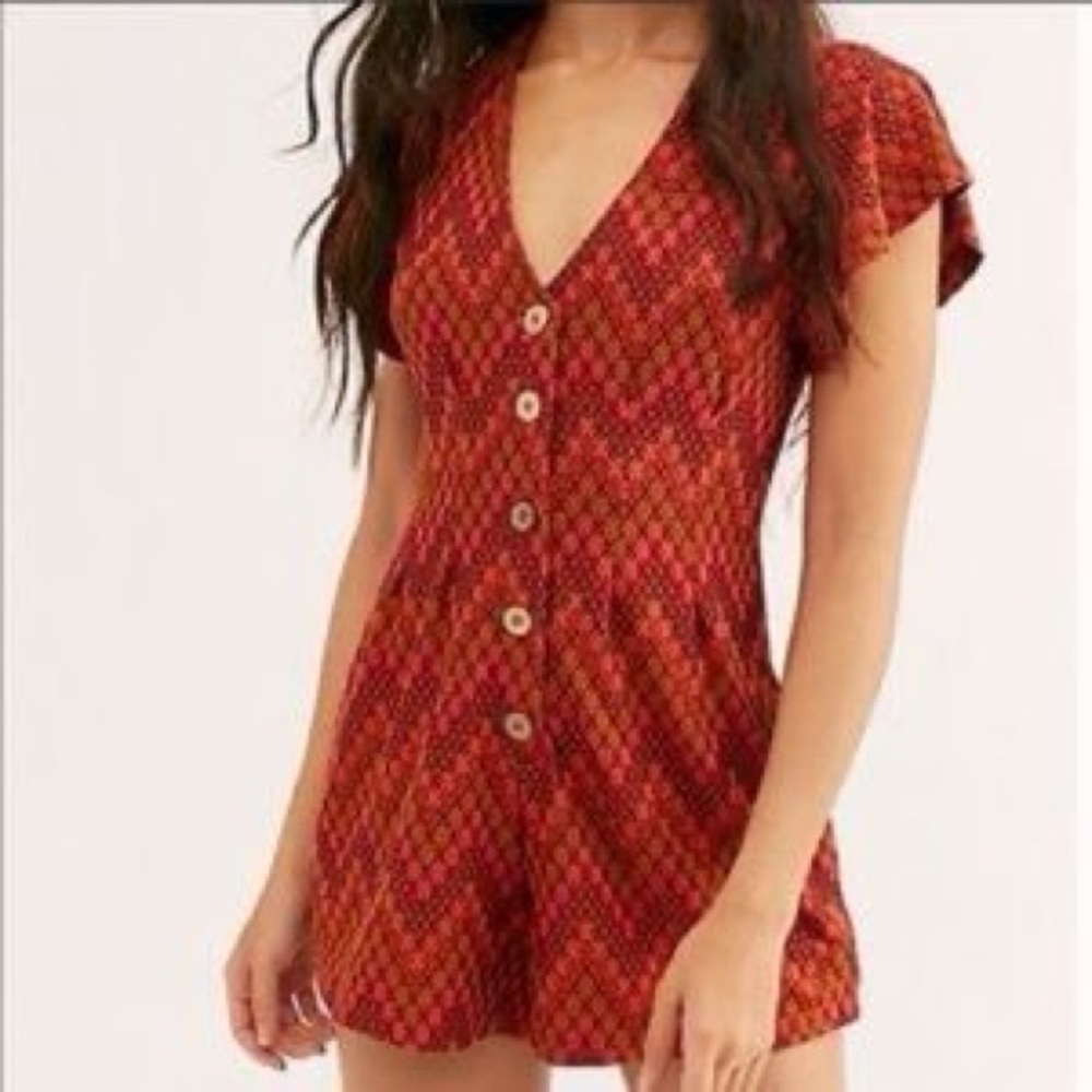 Free People Phoenix Playsuit Romper in Red Dust Red Geo